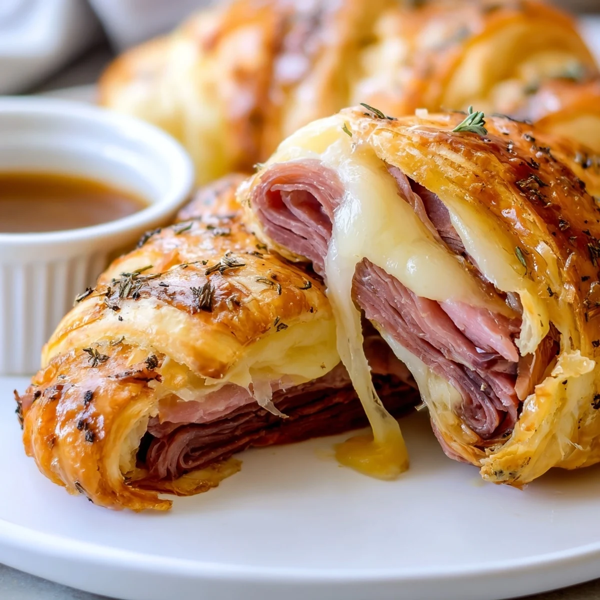 Golden beef and cheese French dip roll ups served with savory au jus dipping sauce