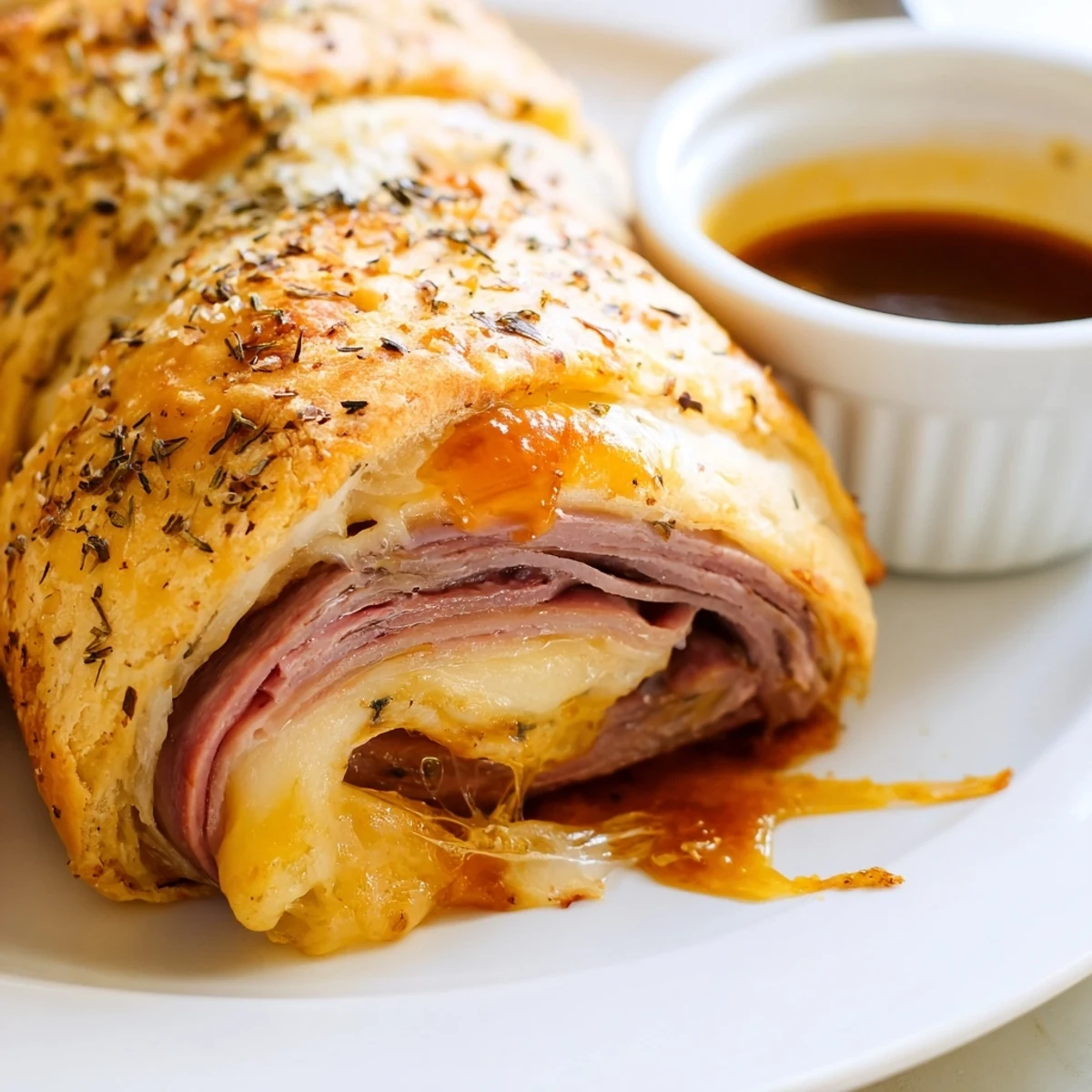 Baked beef and cheese French dip roll ups with melty provolone and caramelized onions