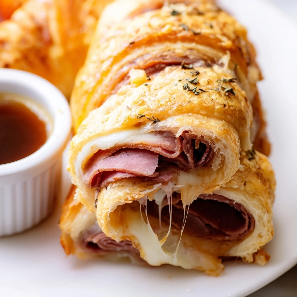 Crescent-wrapped beef and cheese French dip roll ups with rich beef broth au jus