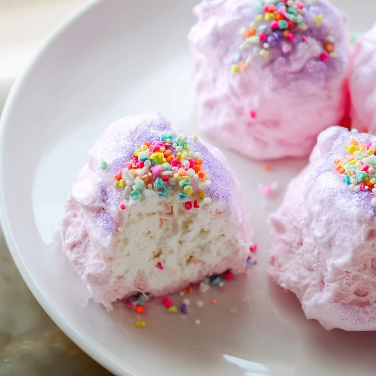 Pink cotton candy cheesecake puff balls on a white serving platter with sprinkles