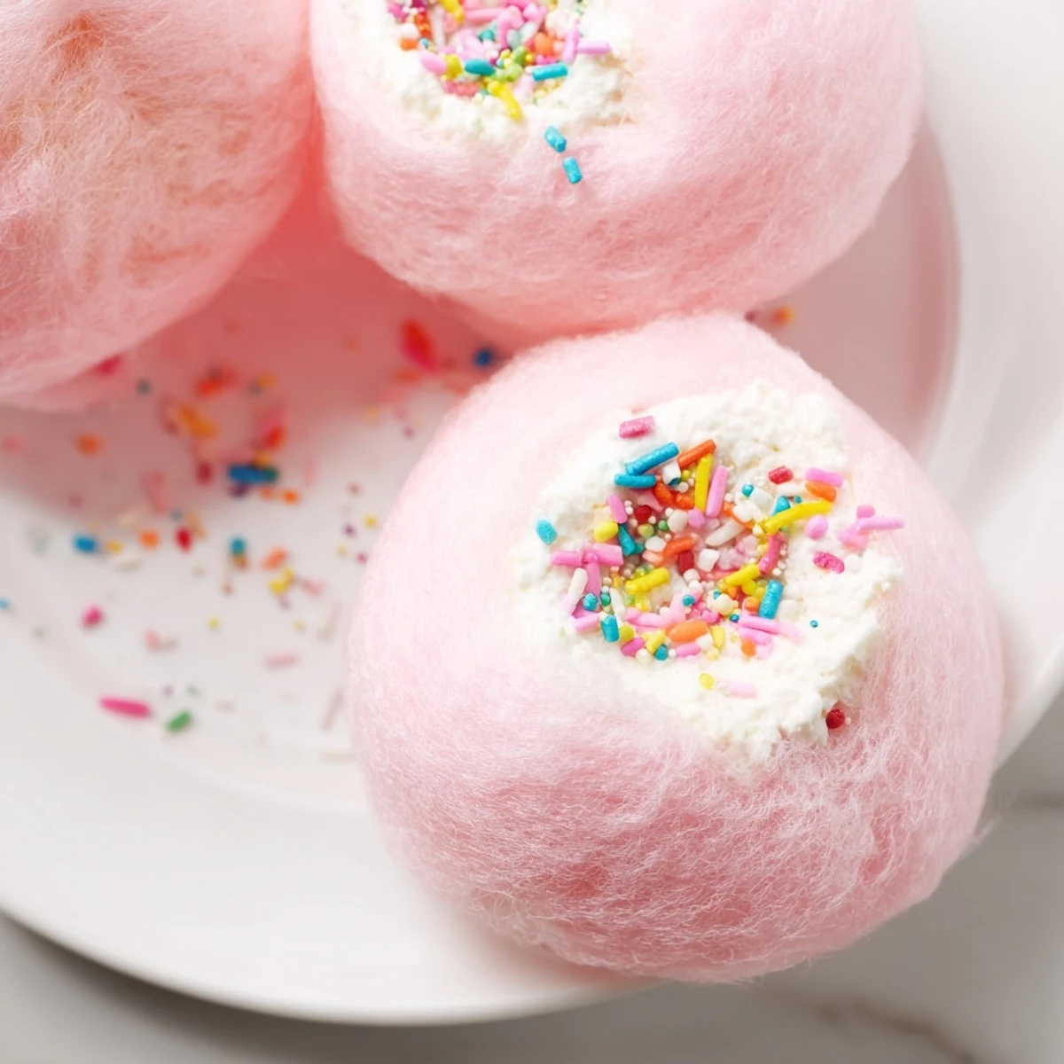 Creamy cheesecake balls wrapped in fluffy pastel cotton candy coating for parties