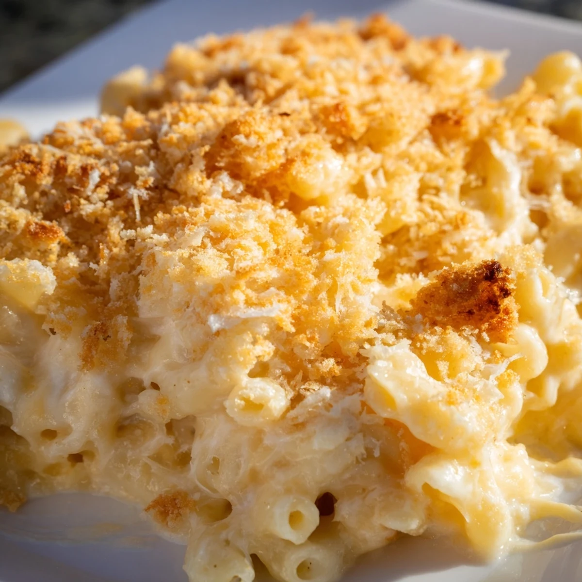 Golden three cheese baked macaroni with melted cheddar and bubbly crispy panko topping