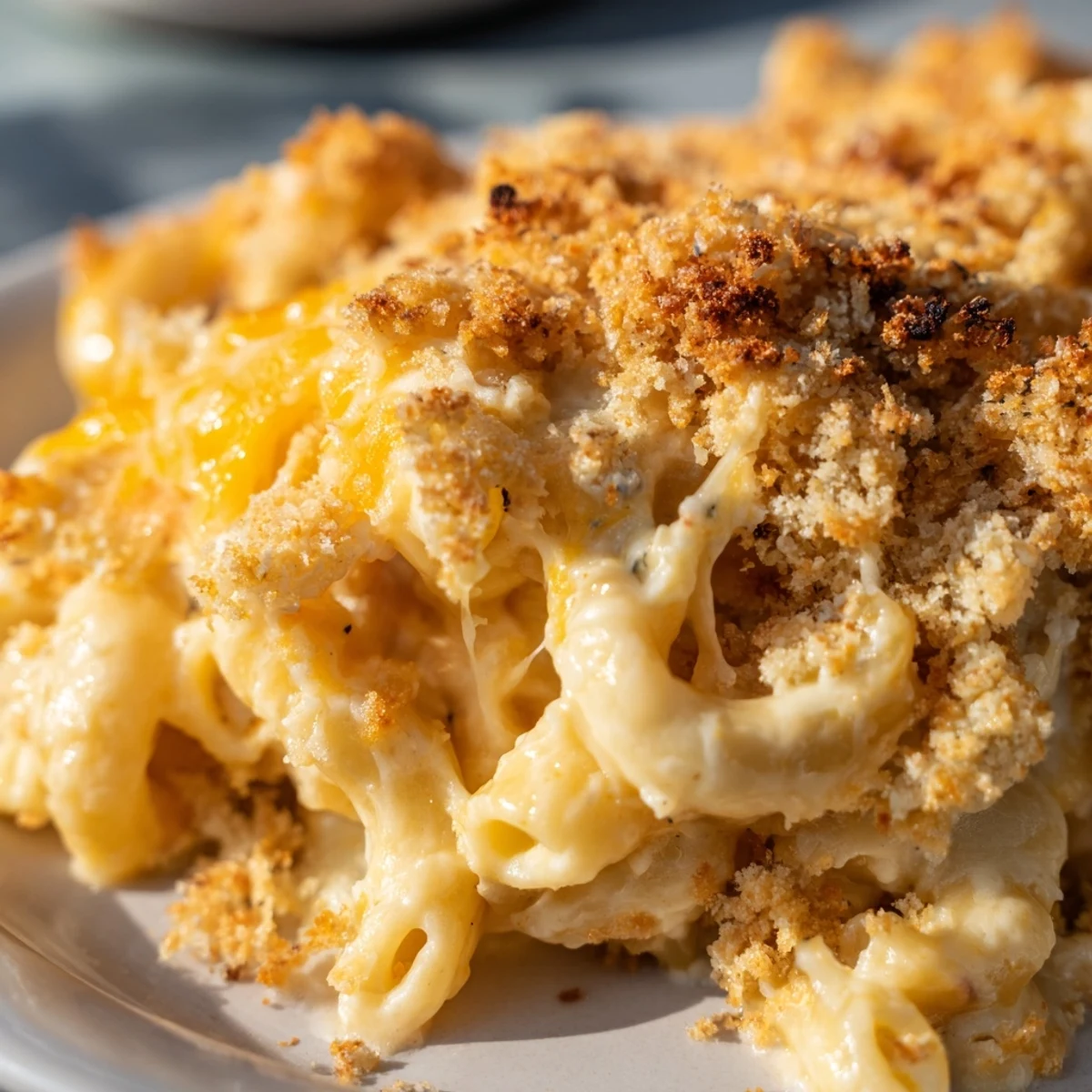 Creamy baked macaroni with three cheeses in a rustic dish ready to serve
