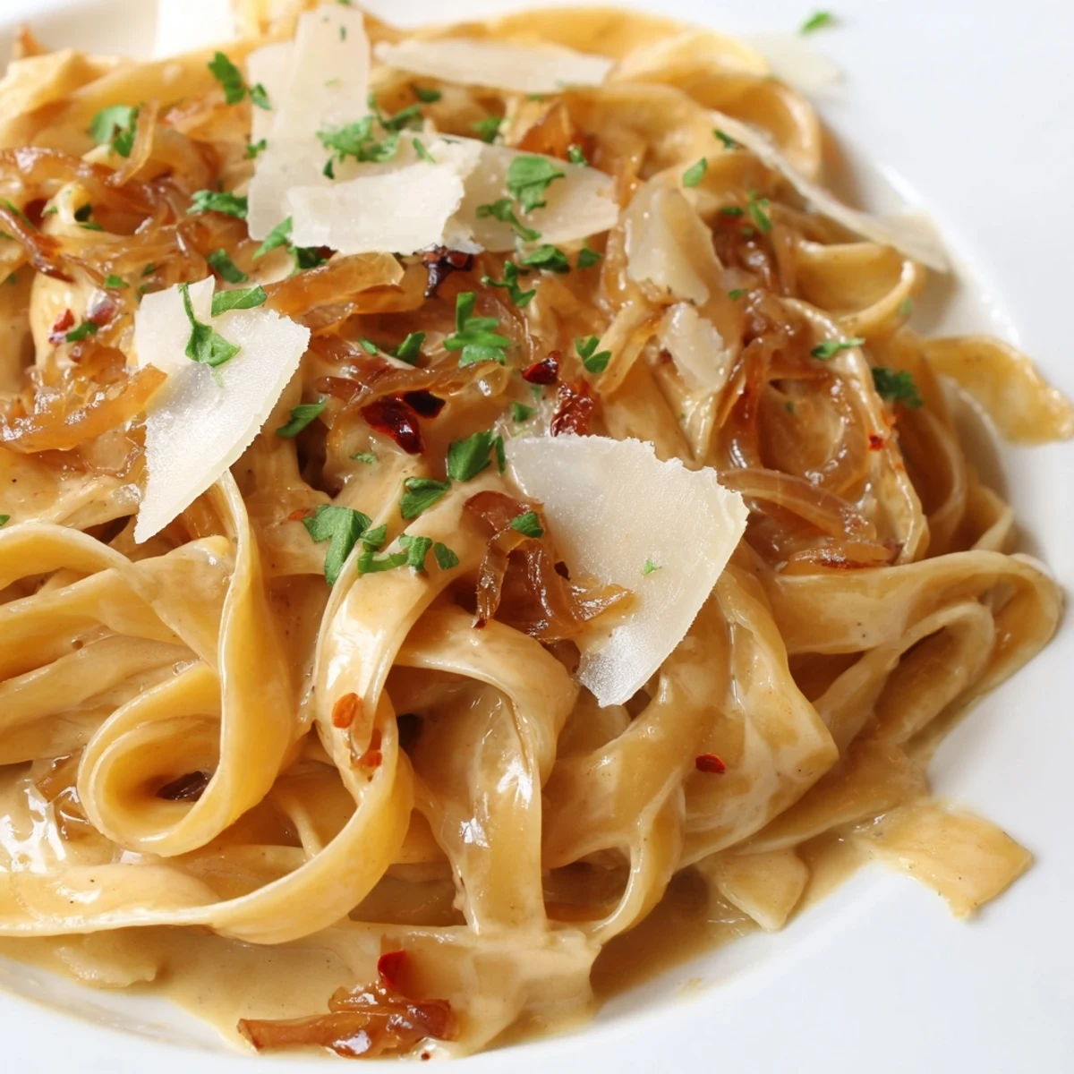 Creamy Sweet Heat Caramelized Onion Fettuccine topped with fresh parsley and Parmesan cheese