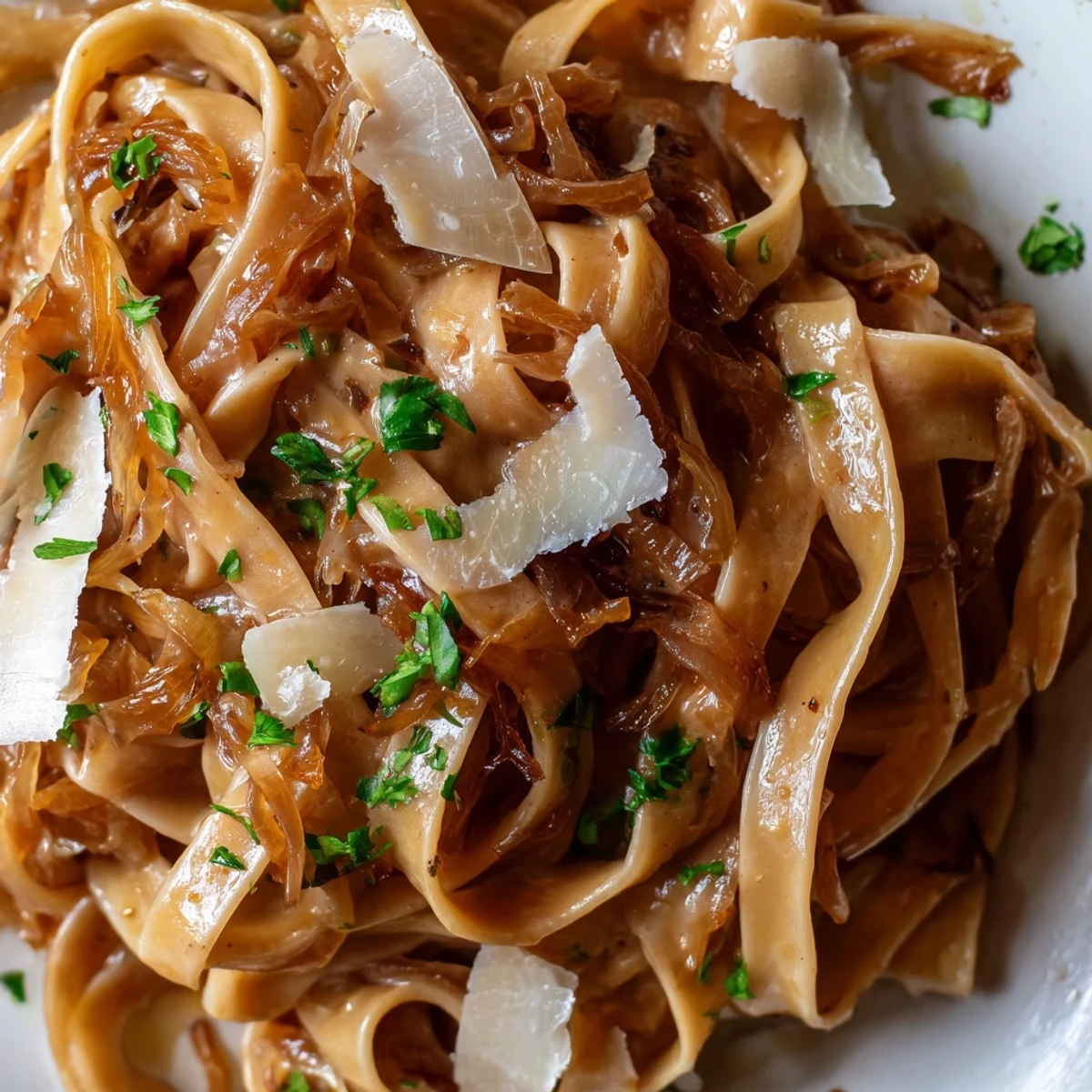 Golden caramelized onions coat Sweet Heat Caramelized Onion Fettuccine in a luscious, creamy sauce