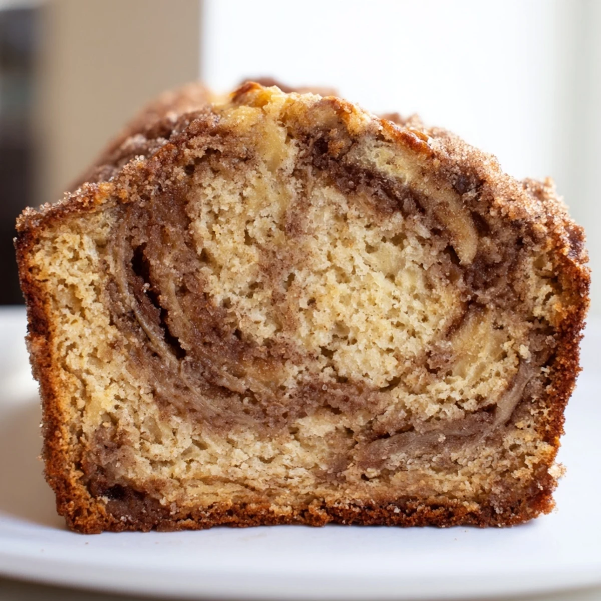 Cinnamon Sugar Swirl Banana Bread with golden crust and marbled cinnamon ribbon throughout moist tender crumb