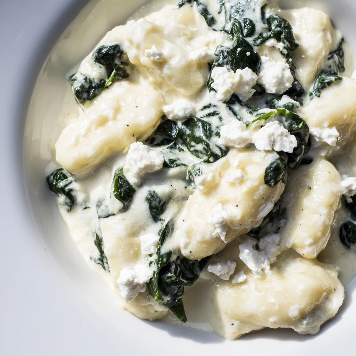 Creamy gnocchi with spinach and feta topped with crumbled cheese in white sauce