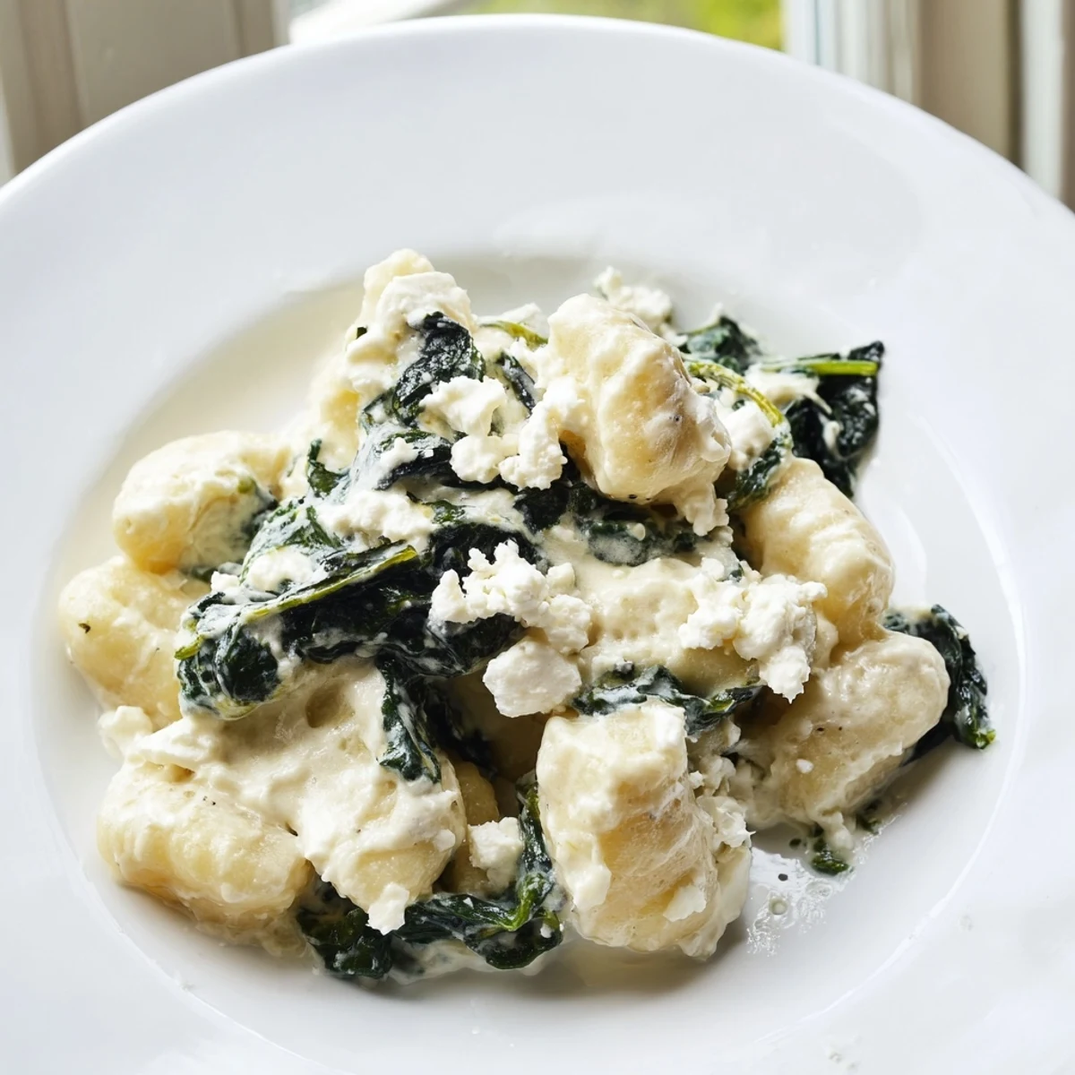 Tender potato gnocchi with spinach and feta glistening in rich velvety cream sauce