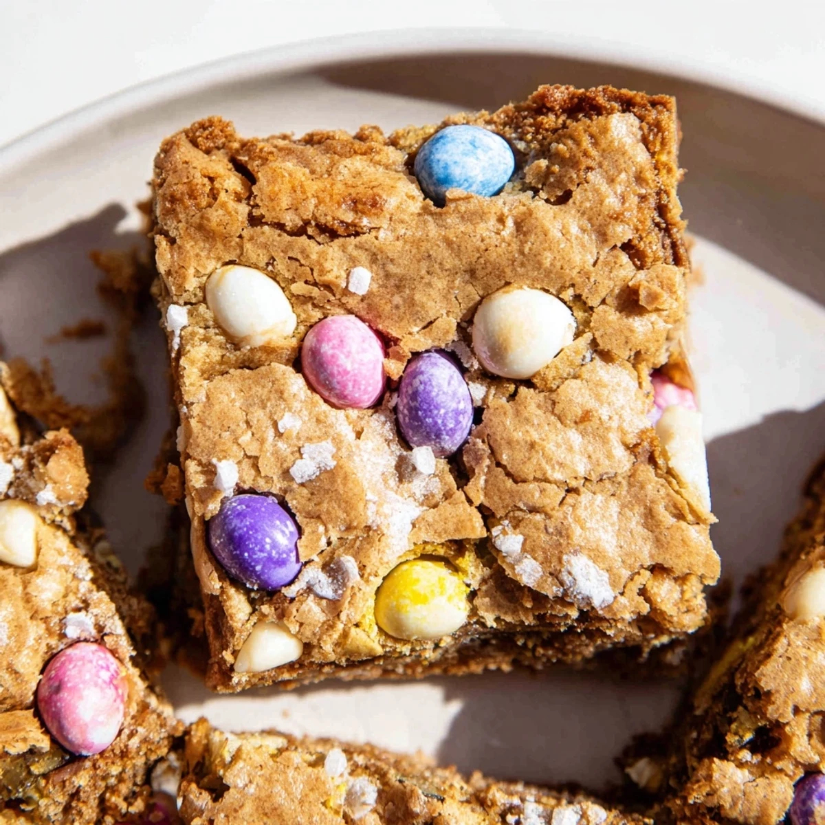 Chewy Mini Cadbury Easter Egg Blondies with colorful candy pieces scattered across golden, fudgy squares