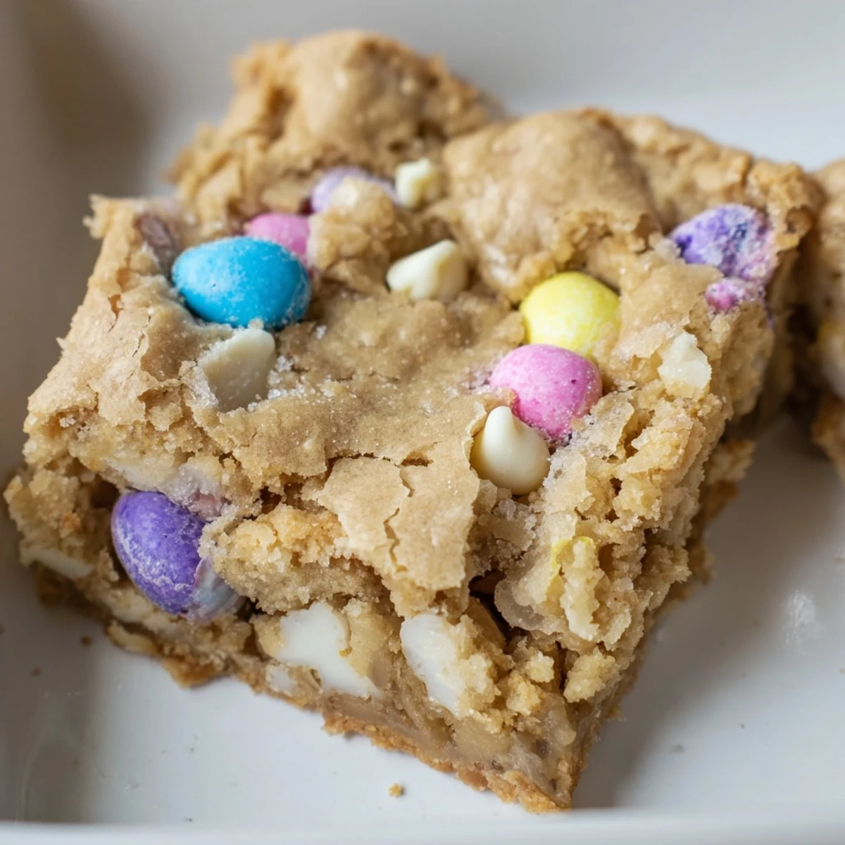 Golden Mini Cadbury Easter Egg Blondies studded with pastel chocolate candies on a rustic cutting board