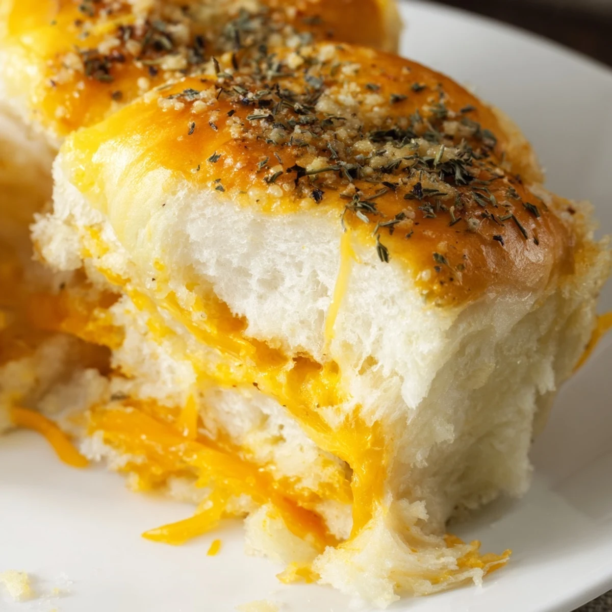 Golden mini grilled cheese Hawaiian rolls with melted cheddar oozing from buttery toasted sweet bread