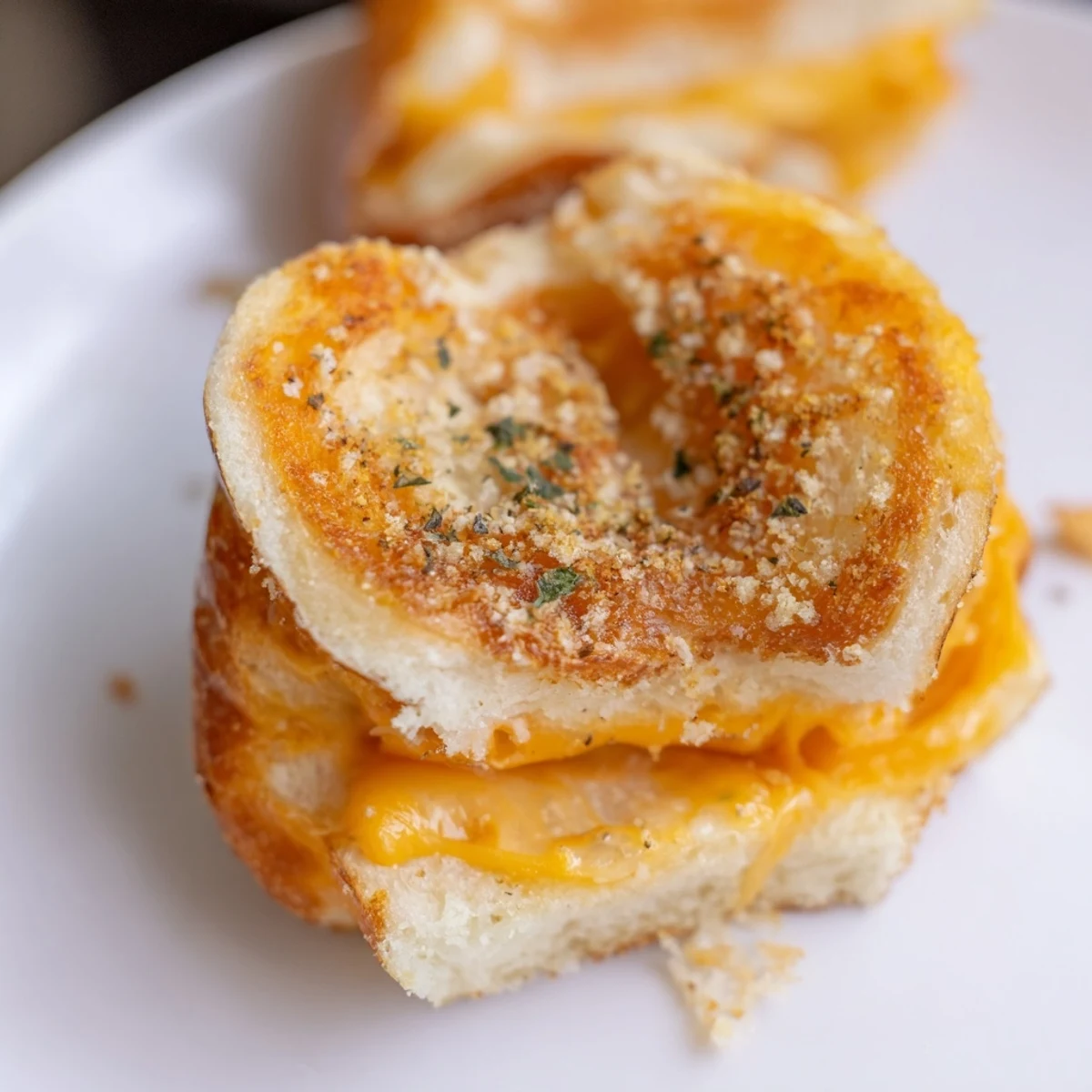 Crispy mini grilled cheese Hawaiian rolls arranged on a platter with melty cheese pulling apart