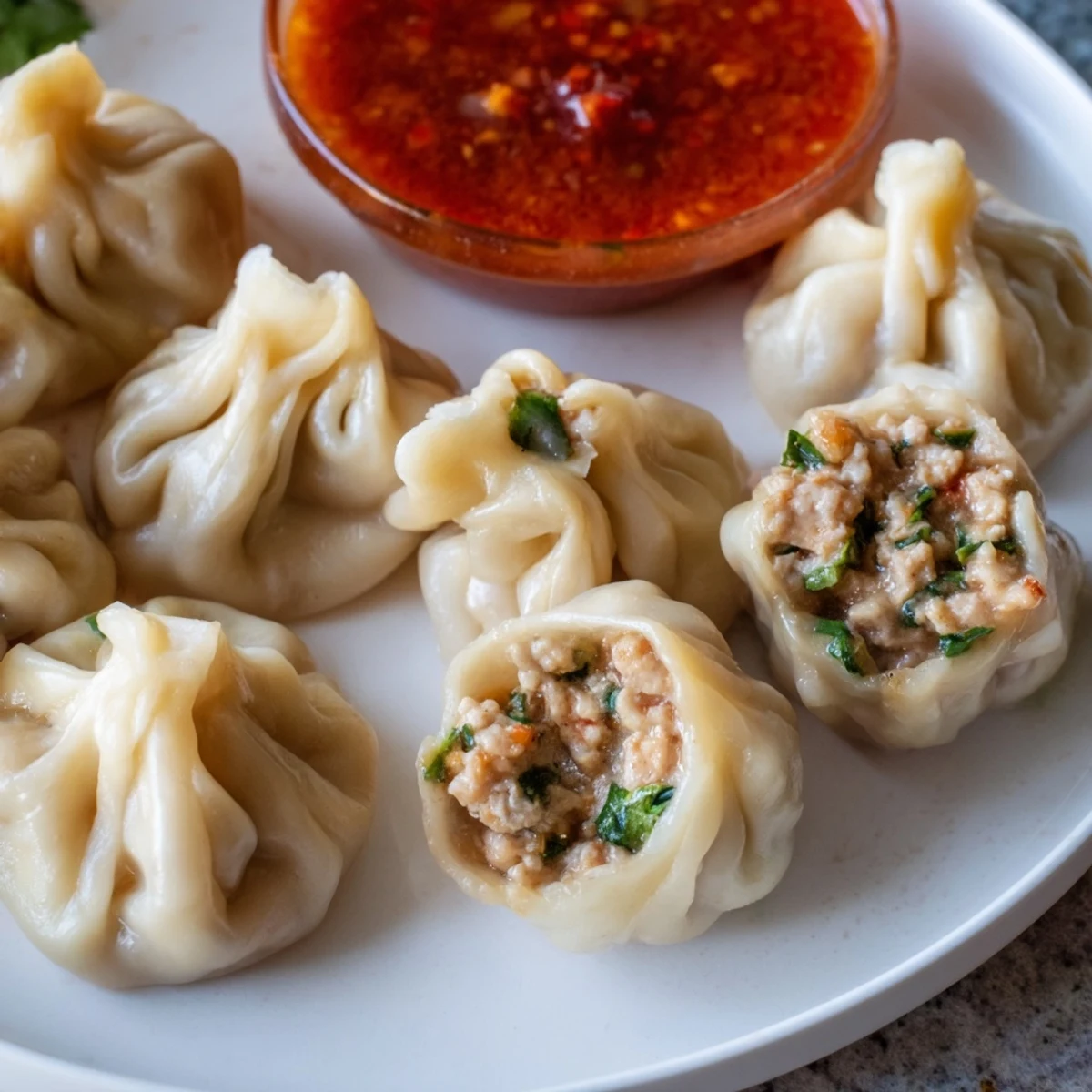 Steamed Nepali momo dumplings arranged on a bamboo tray with spicy tomato dipping sauce