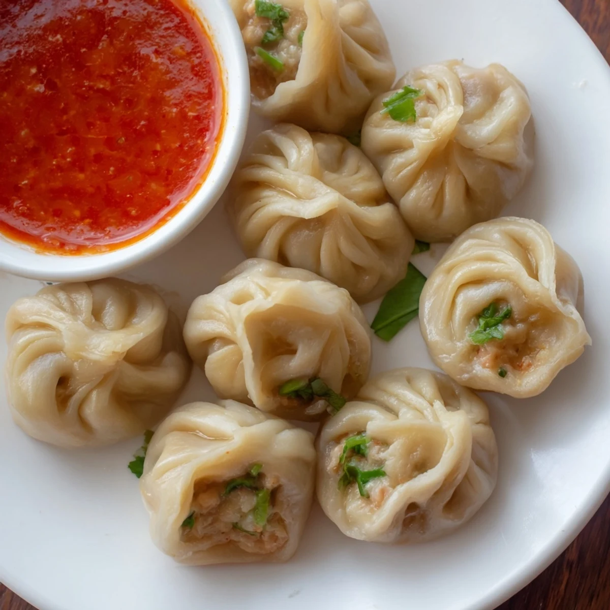 Golden steamer basket filled with freshly made Nepali momo dumplings ready to serve