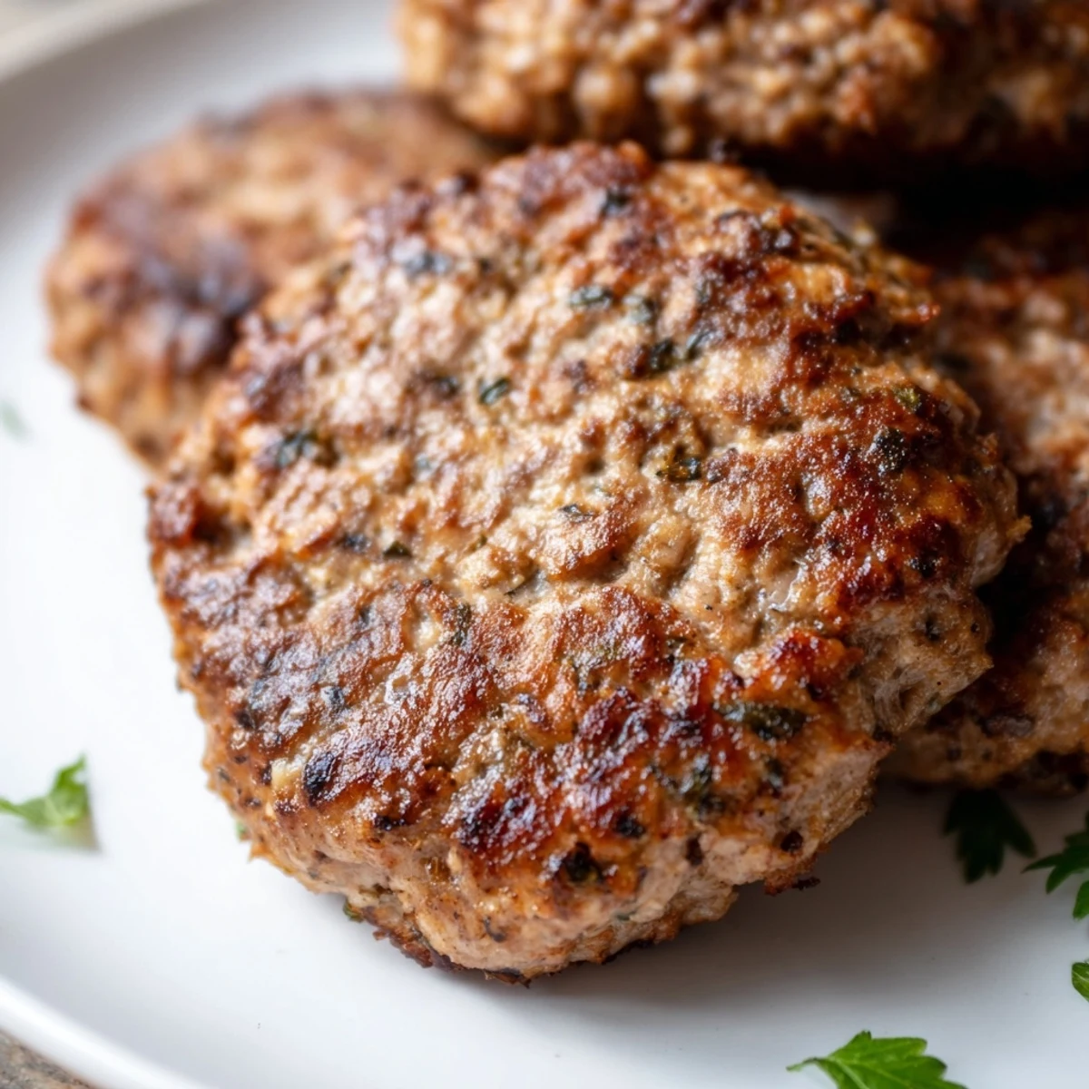 Golden brown ground turkey sausage patties sizzling in a cast iron skillet