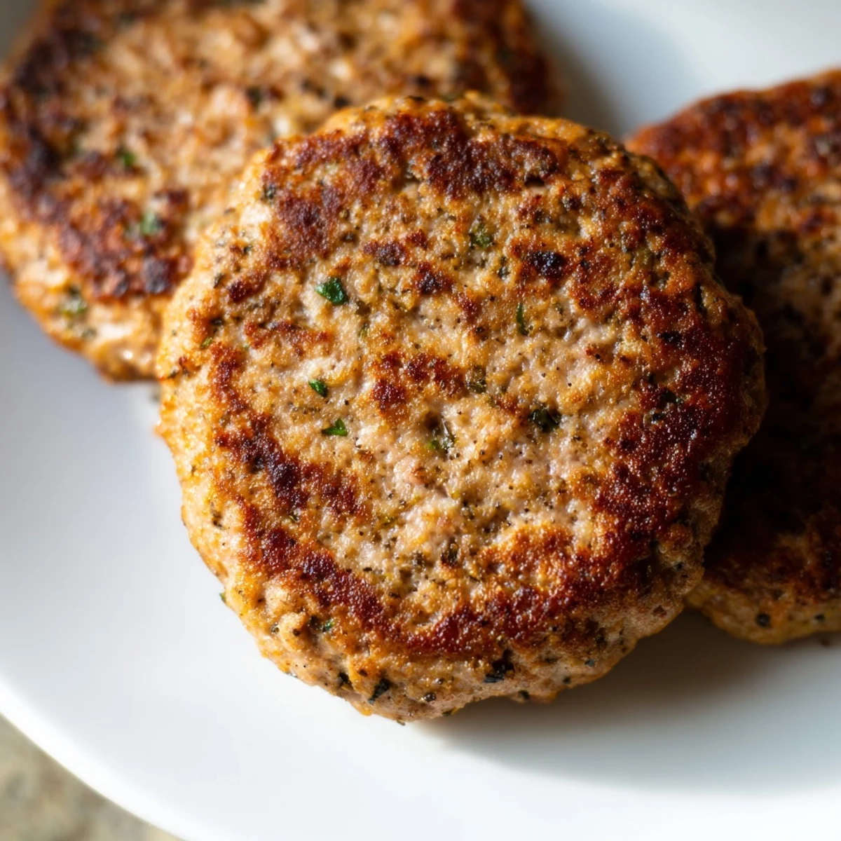 Homemade ground turkey sausage seasoned with sage and paprika on a breakfast plate