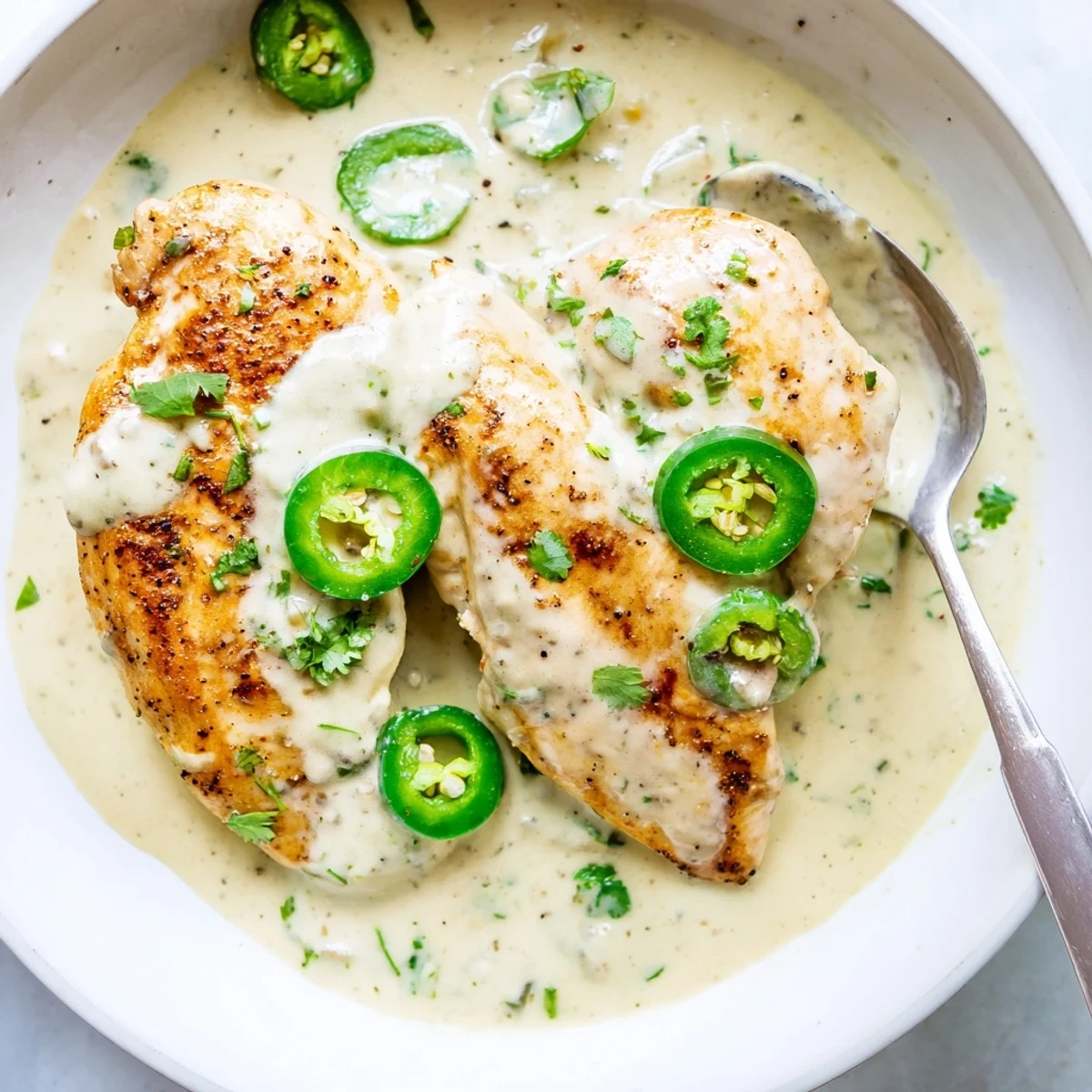 Golden jalapeño chicken breasts draped in melted Monterey Jack cream sauce