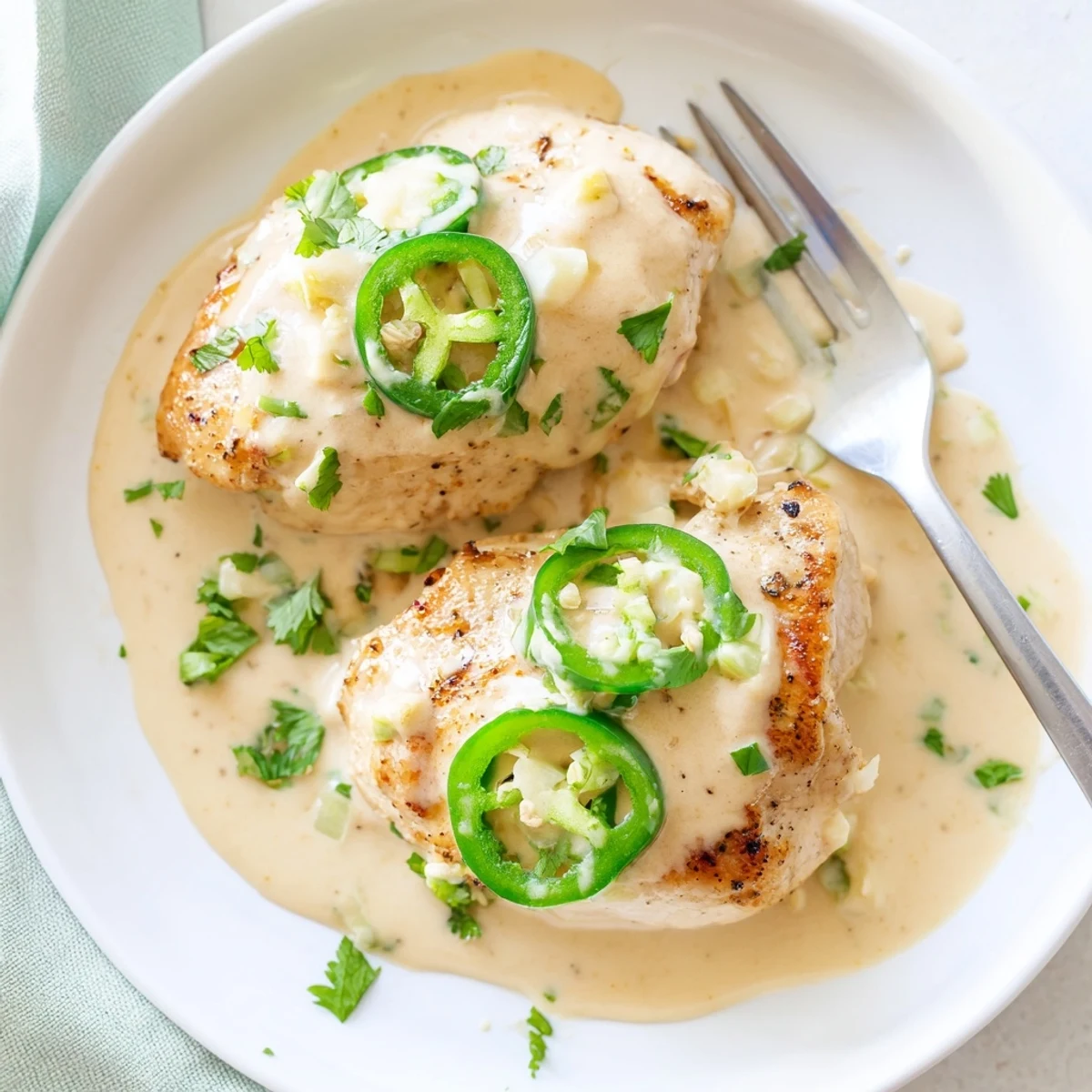 Spicy jalapeño chicken simmering in a rich garlic cream skillet sauce