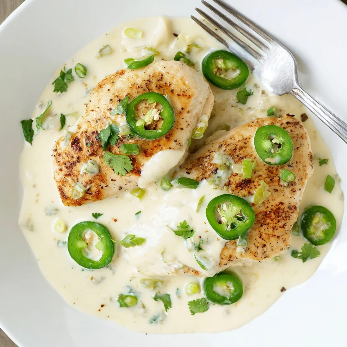 Seared jalapeño chicken topped with cilantro and velvety spiced cream sauce