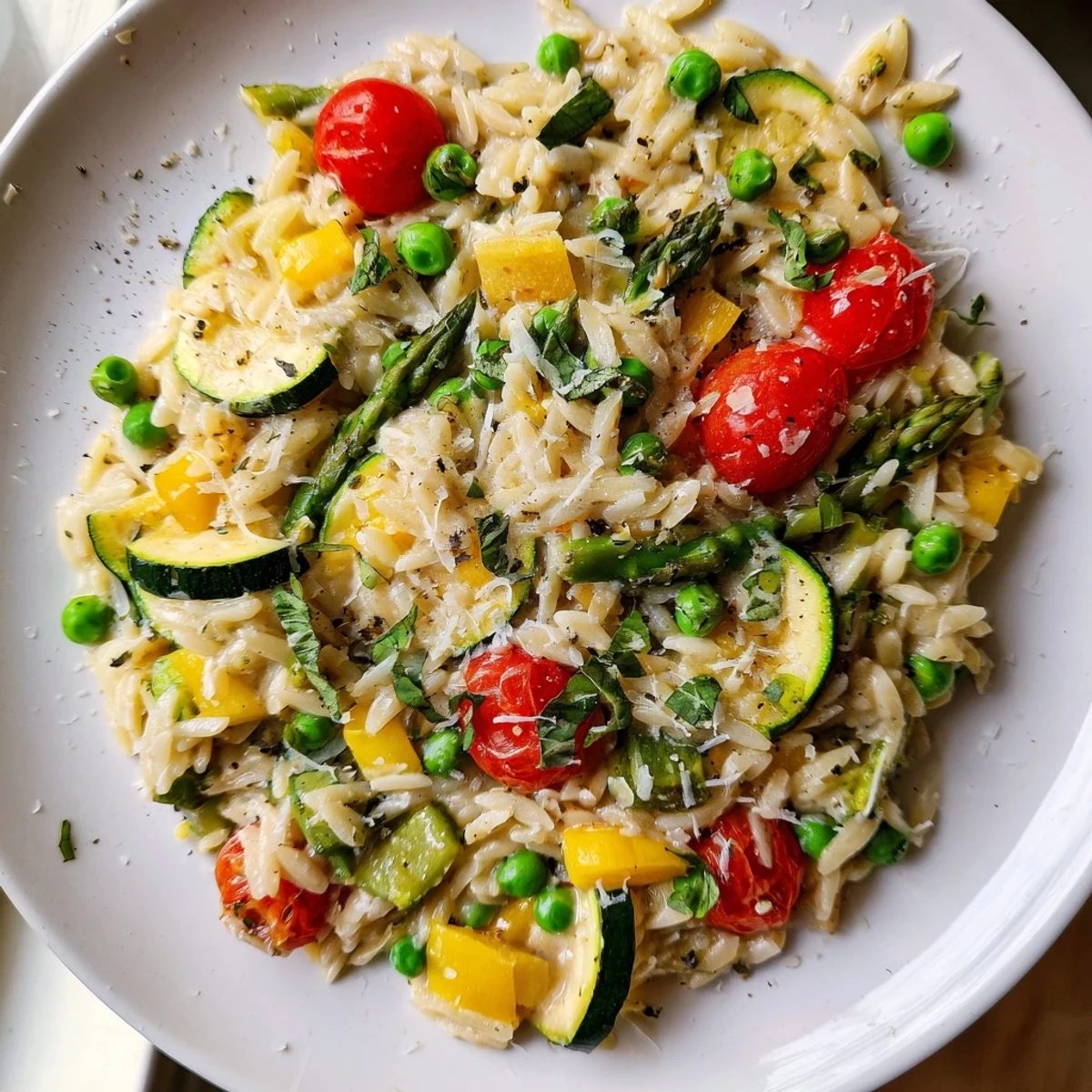 Orzo Primavera served in a white bowl with colorful fresh vegetables and herbs