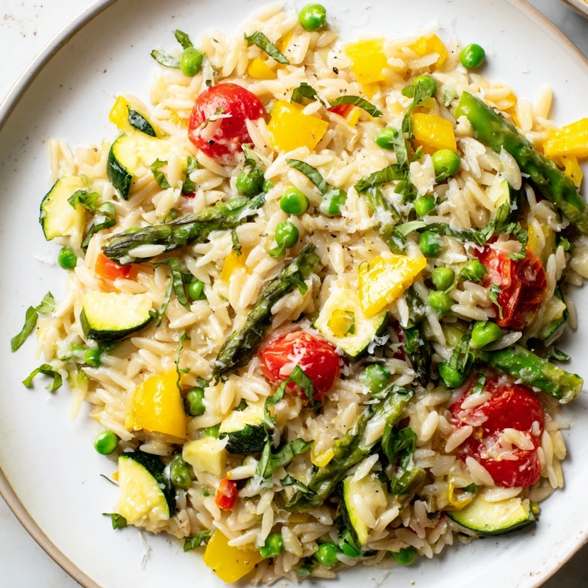 Creamy Orzo Primavera topped with grated Parmesan and bright green spring peas