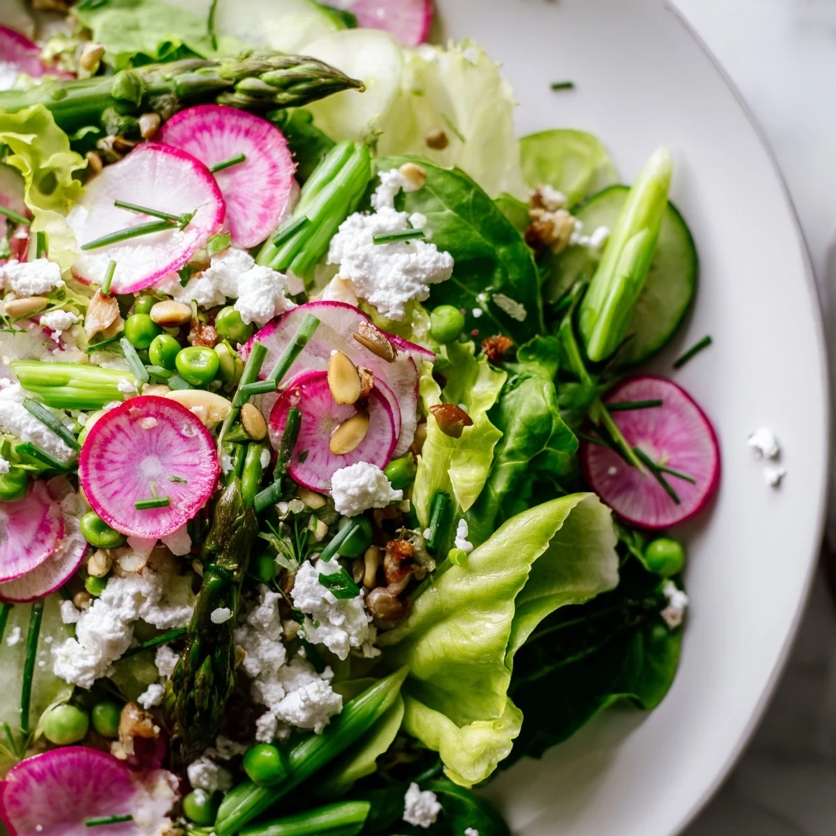 Bright Spring Salad topped with crumbled feta and toasted sunflower seeds on a white plate