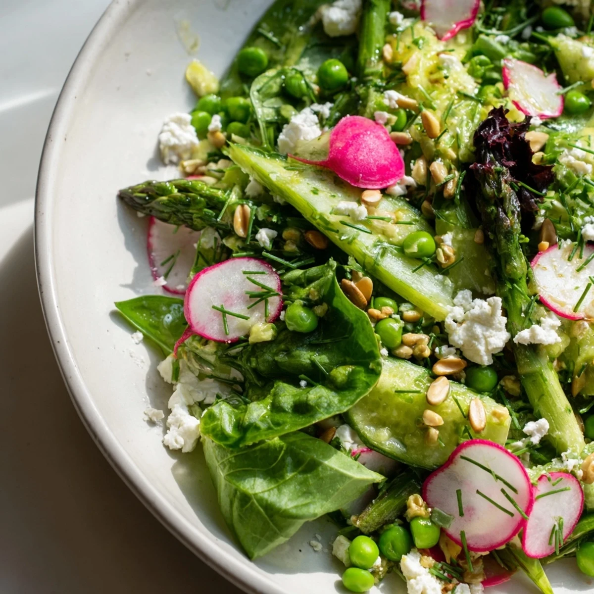 Fresh Bright Spring Salad with crisp radishes asparagus and citrus dressing in a wooden bowl
