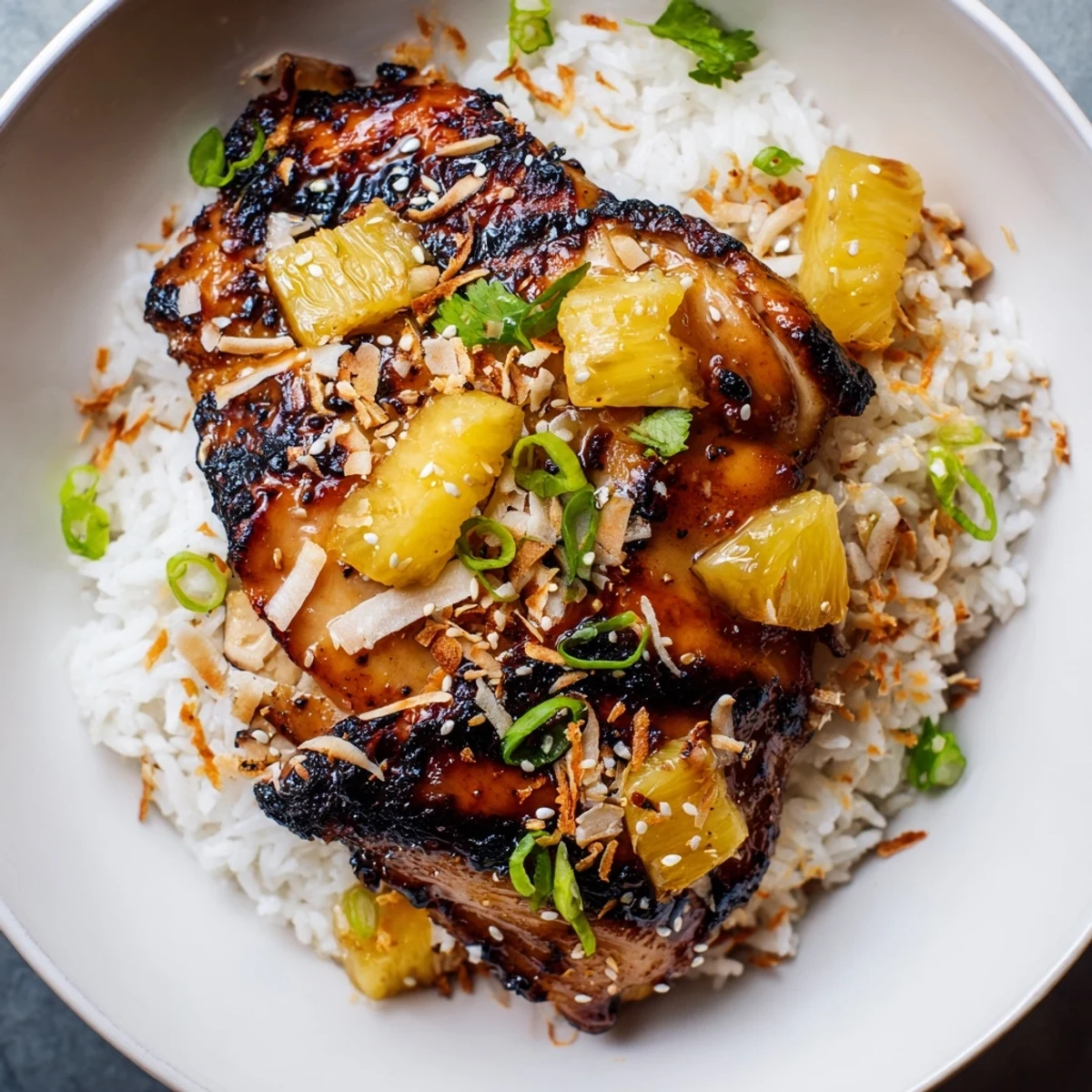 Tender glazed Hawaiian chicken served over fluffy coconut rice with fresh pineapple chunks