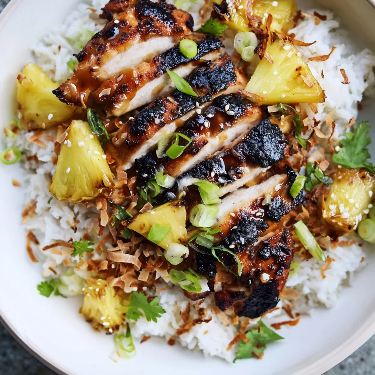 Grilled Hawaiian chicken with caramelized glaze resting on creamy jasmine coconut rice