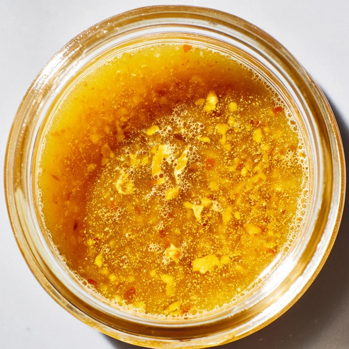 Golden citrus vinaigrette emulsified in a glass jar ready for salads