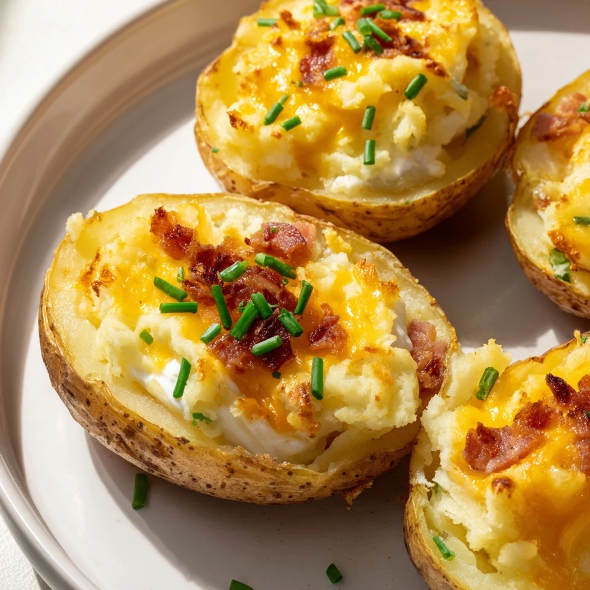 Irish Potato Bites topped with fresh chives arranged on a white serving platter