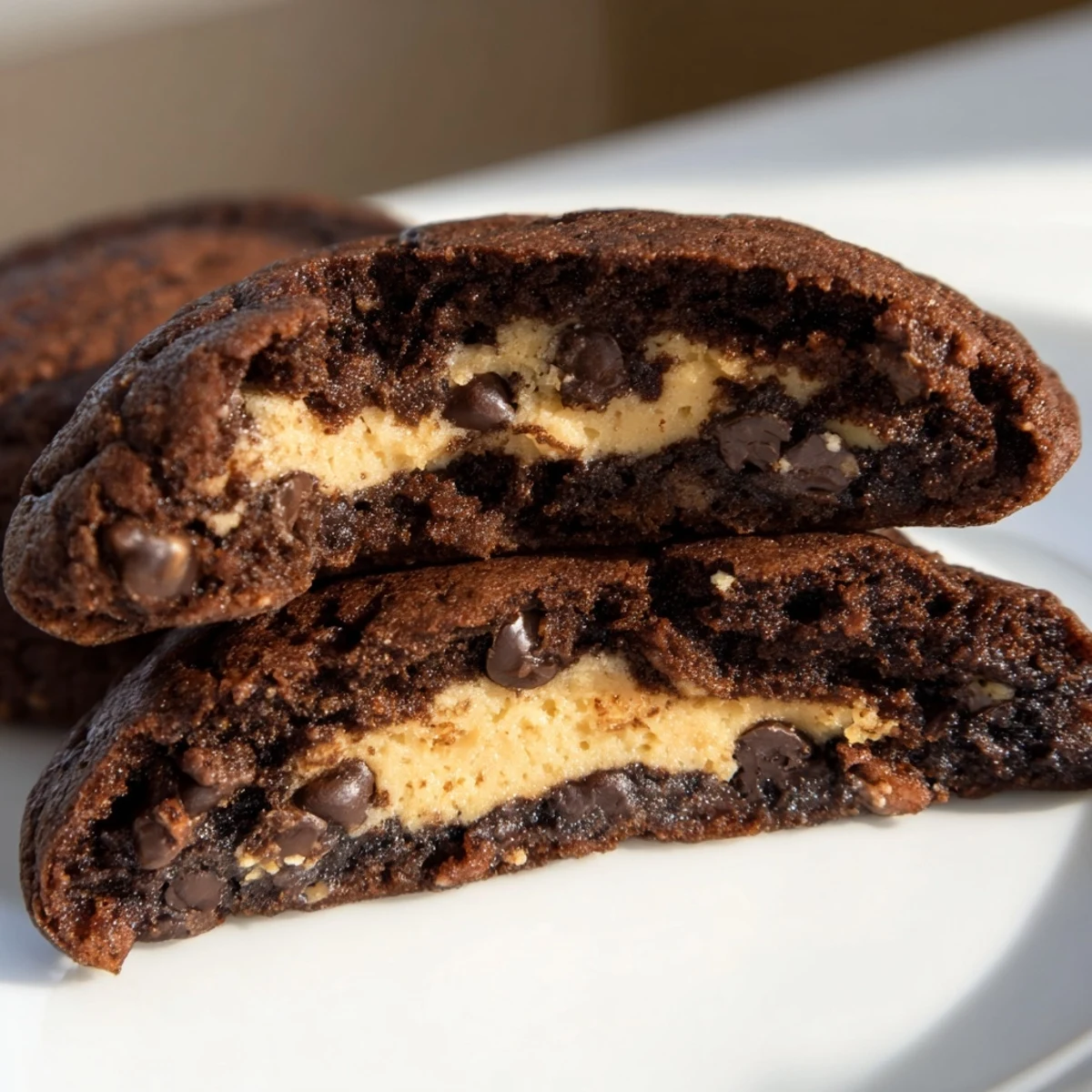 Fudgy brownie cookies stuffed with cookie dough on a rustic wooden serving board