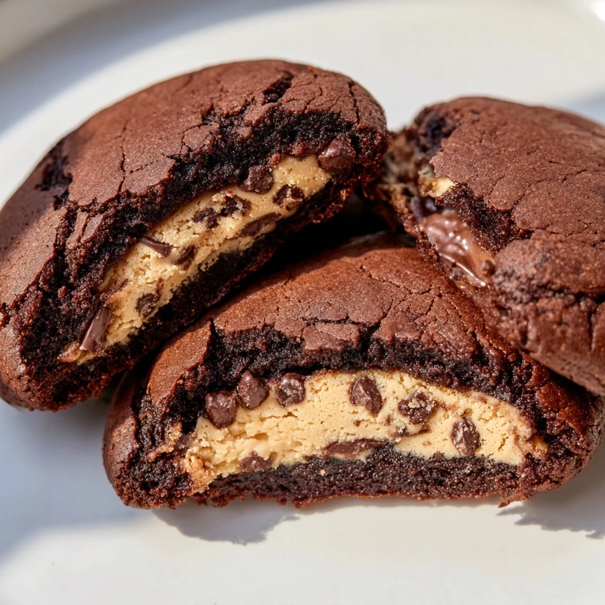 Glossy fudgy brownie cookies stuffed with cookie dough broken open to reveal creamy center
