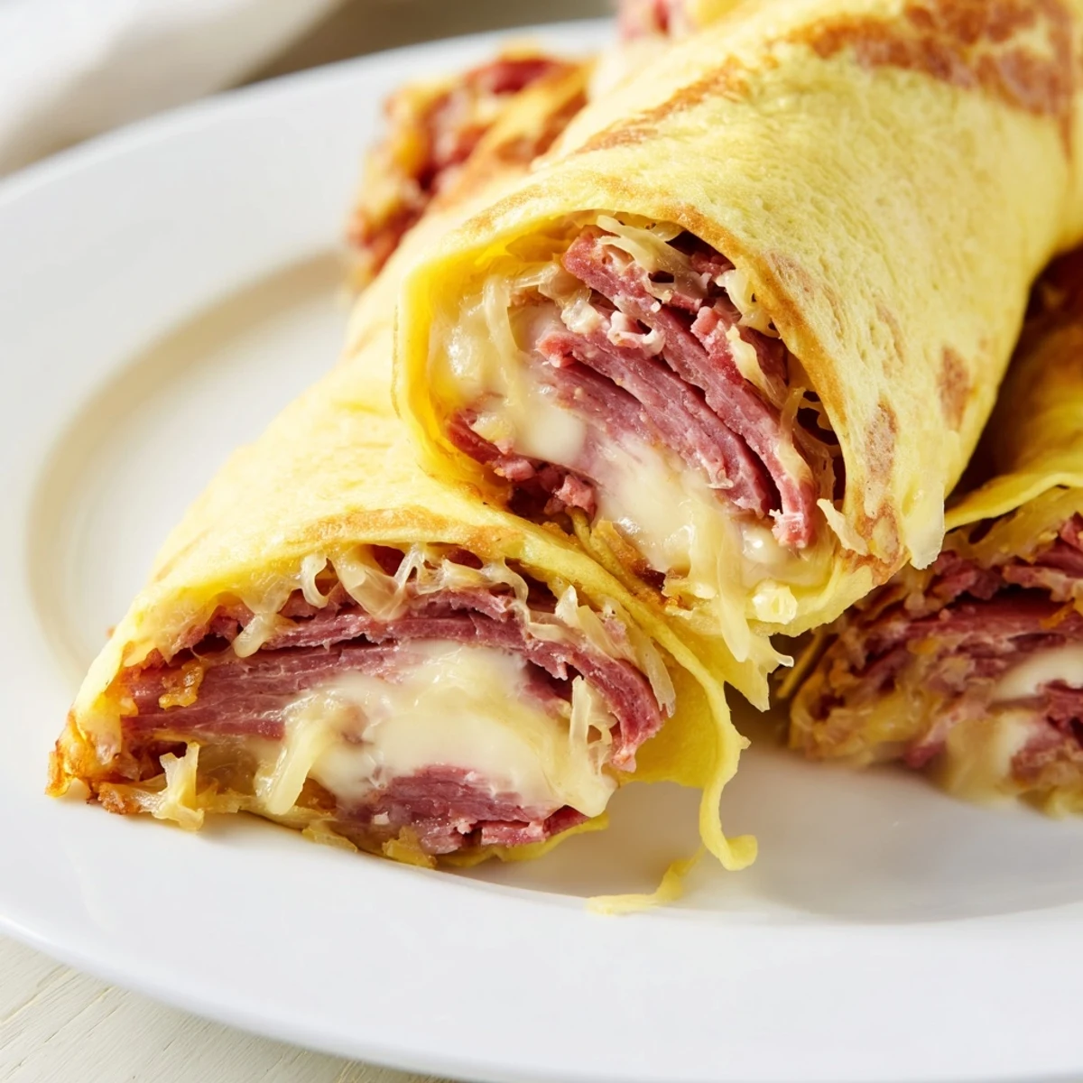 Golden Low Carb Reuben Egg Roll Ups filled with corned beef and melted Swiss cheese