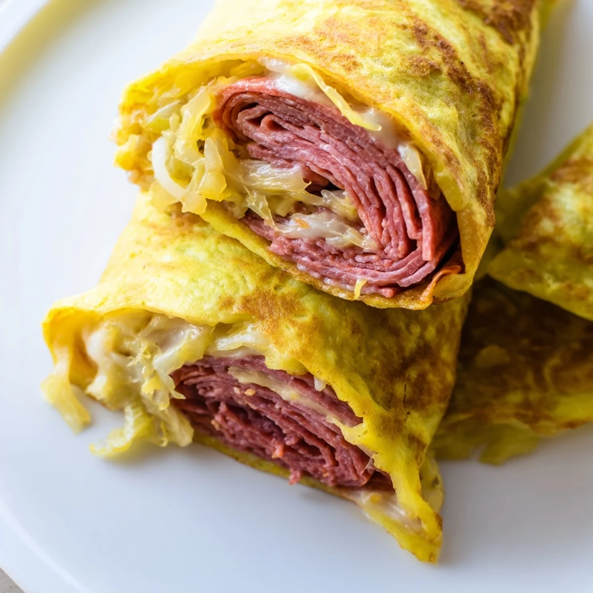 Savory Low Carb Reuben Egg Roll Ups with tangy sauerkraut in tender egg wraps