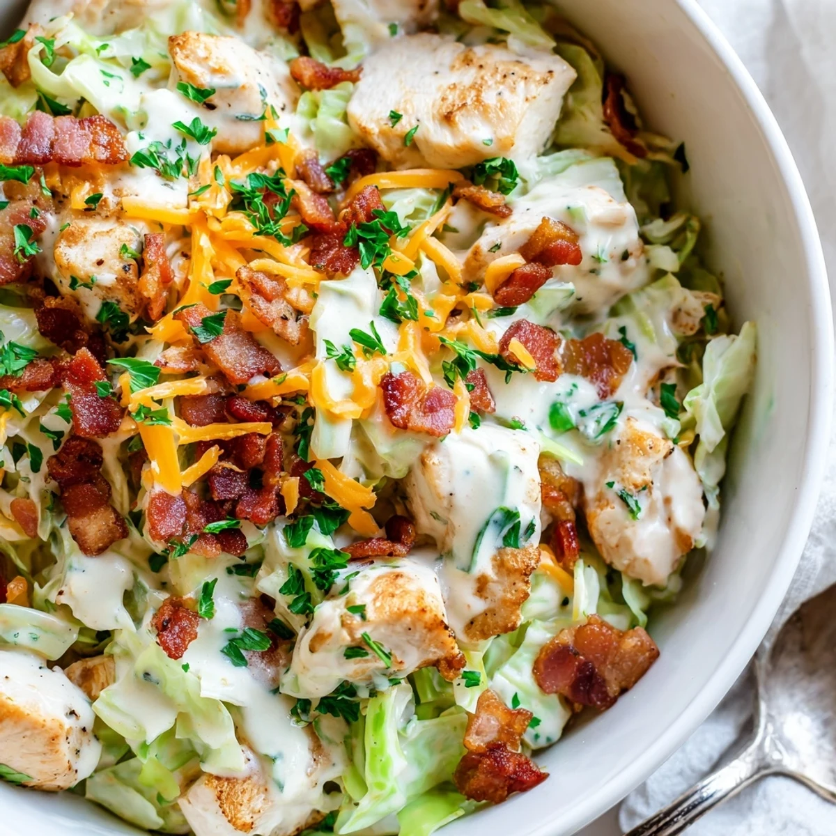 Creamy chicken bacon ranch cabbage bowls topped with melted cheddar and fresh green onions