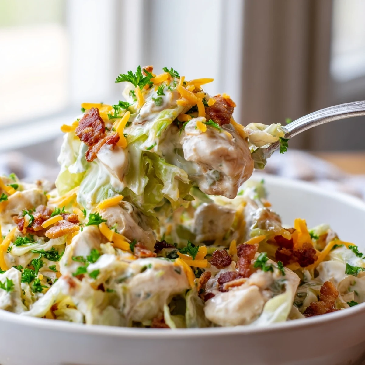 Crispy bacon and tender chicken tucked into creamy chicken bacon ranch cabbage bowls