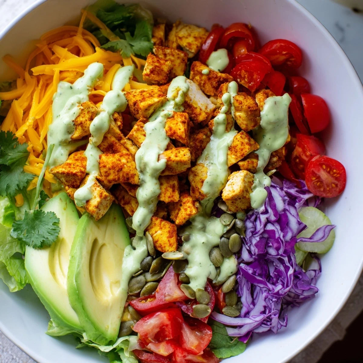 Colorful keto bowls loaded with fresh vegetables and tender spiced chicken topped with creamy avocado dressing