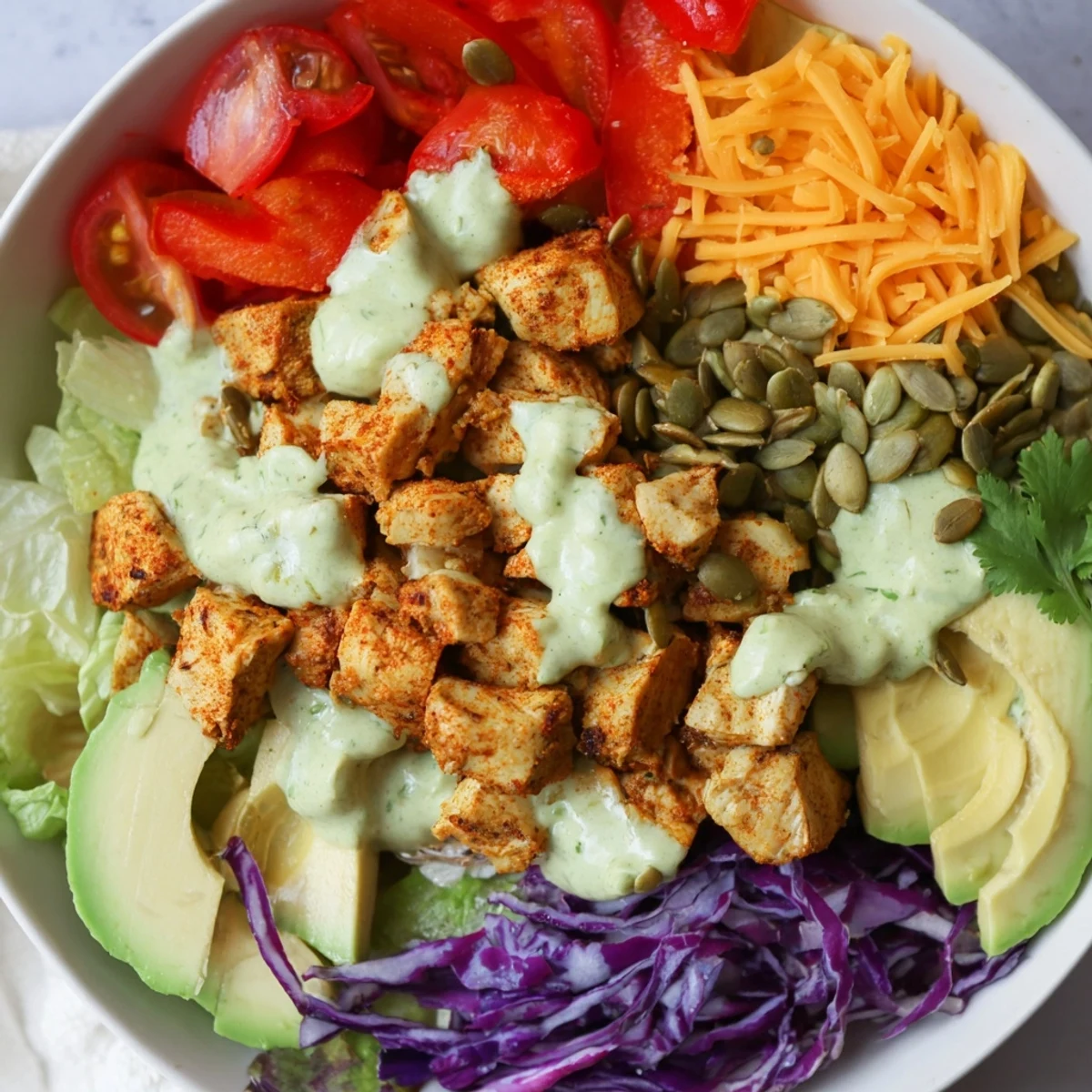 Crisp lettuce base topped with juicy chicken and vibrant vegetables in a healthy keto bowl