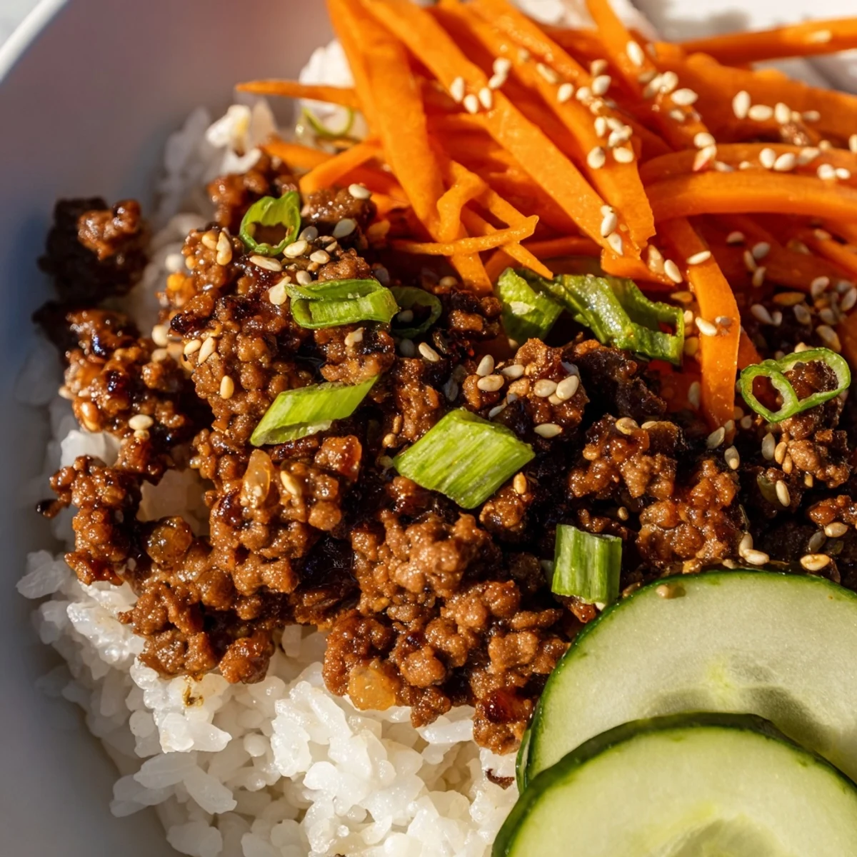 Tender Korean beef bowls topped with crisp vegetables and sesame seeds over fluffy white rice
