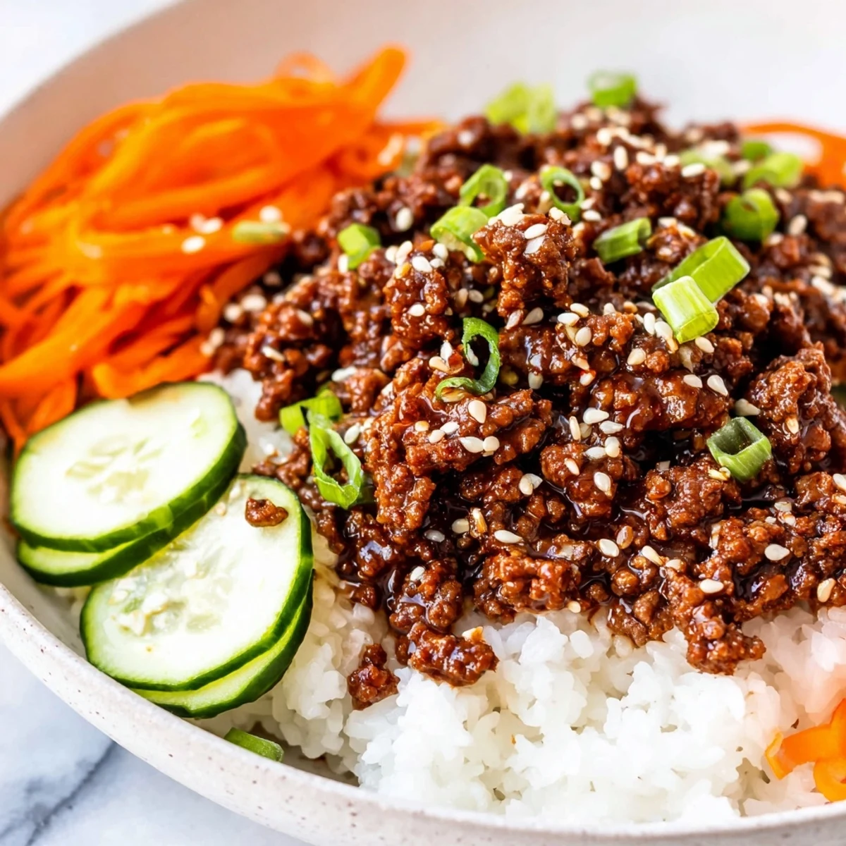 Savory Korean beef bowls with glossy sauce served alongside fresh cucumber and carrot garnishes