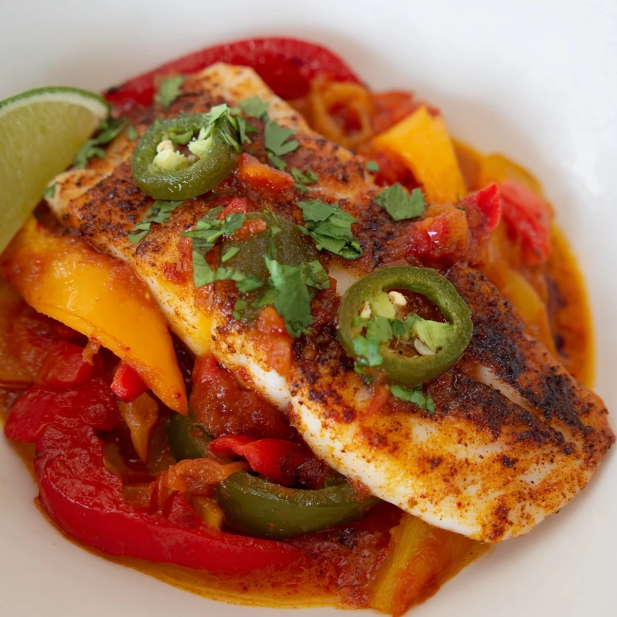 Golden tilapia fillets nestled in a spicy roasted pepper skillet with vibrant red and yellow peppers