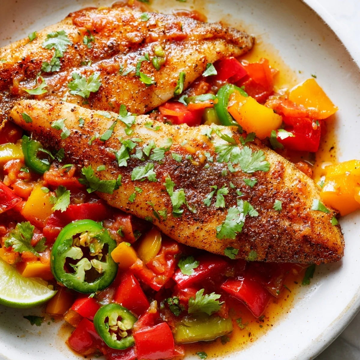 Spicy roasted pepper tilapia skillet simmering with colorful bell peppers tomatoes and fresh cilantro garnish