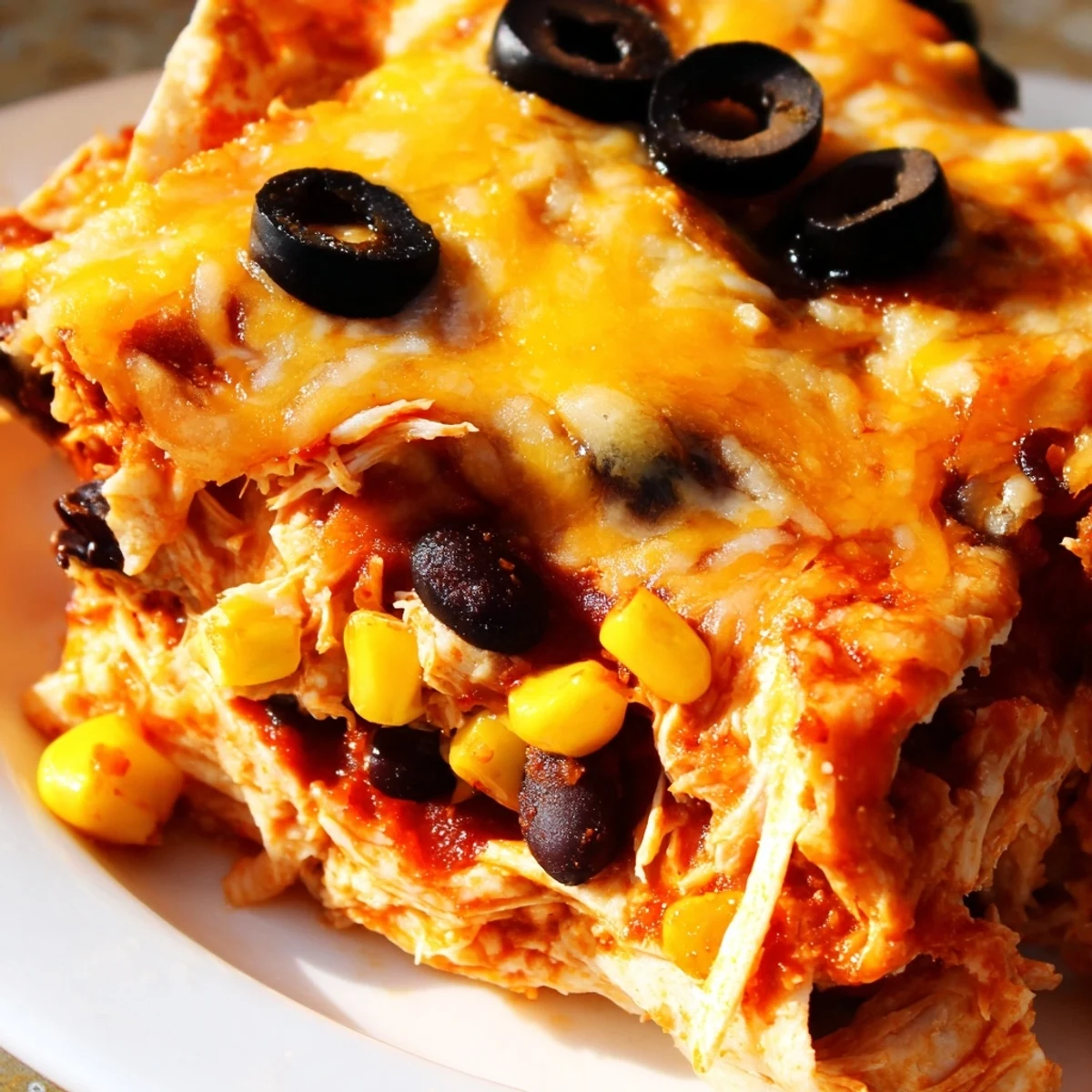 Golden bubbly cheese tops this cheesy shredded chicken enchilada bake fresh from the oven