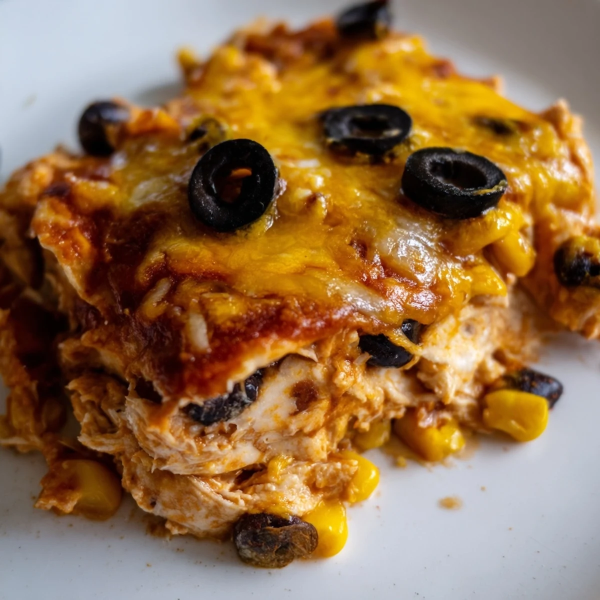 A layered cheesy shredded chicken enchilada bake with melty Mexican cheese and black beans
