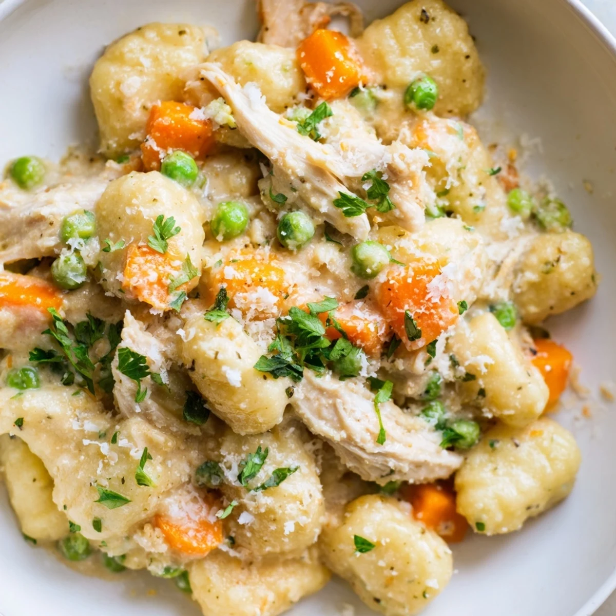 Creamy One Pot Gnocchi Chicken Pot Pie with tender vegetables in a golden savory skillet sauce