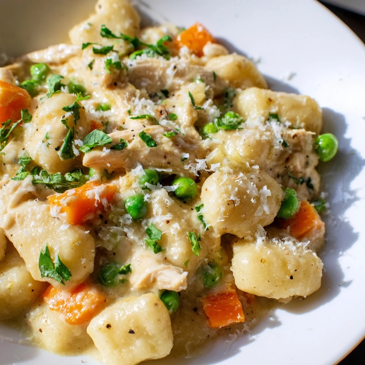 Hearty One Pot Gnocchi Chicken Pot Pie topped with fresh parsley and melted Parmesan