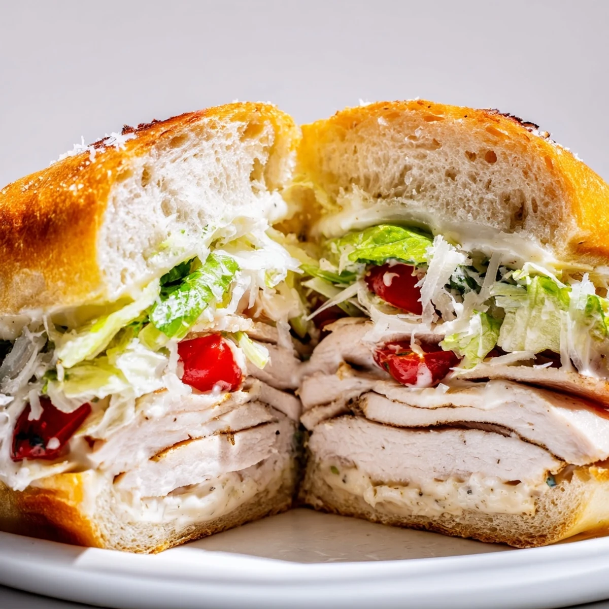 Golden grilled chicken Caesar sandwich with crisp romaine and shaved Parmesan on toasted ciabatta