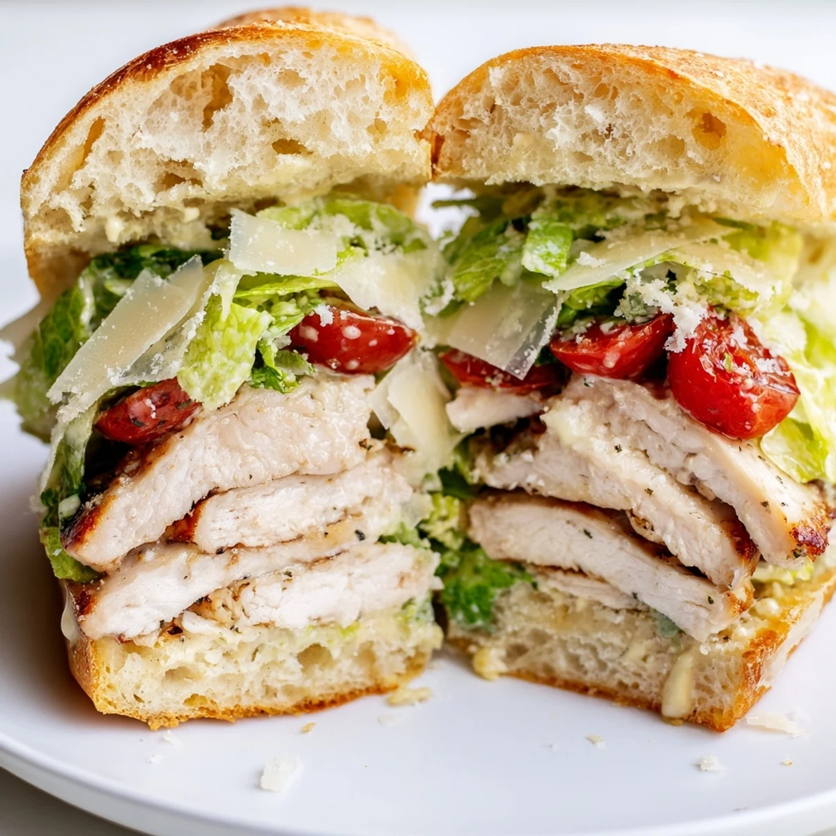 Juicy sliced chicken Caesar sandwich layered with creamy dressing and fresh crunchy lettuce