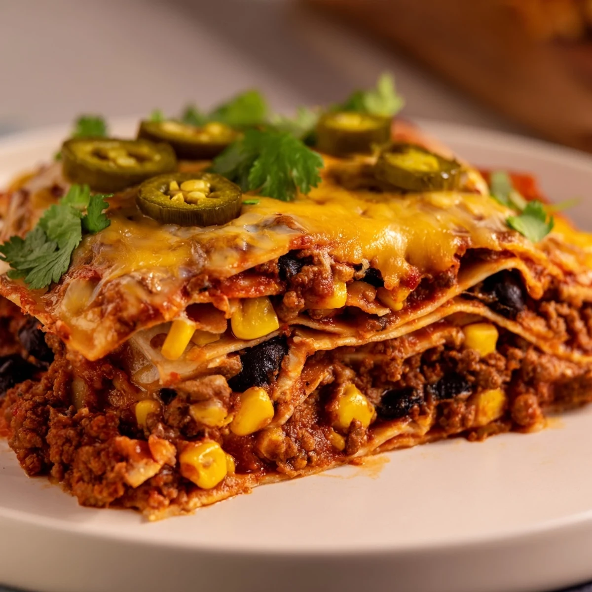 Golden melted cheese tops this Mexican lasagna with layers of seasoned beef and beans